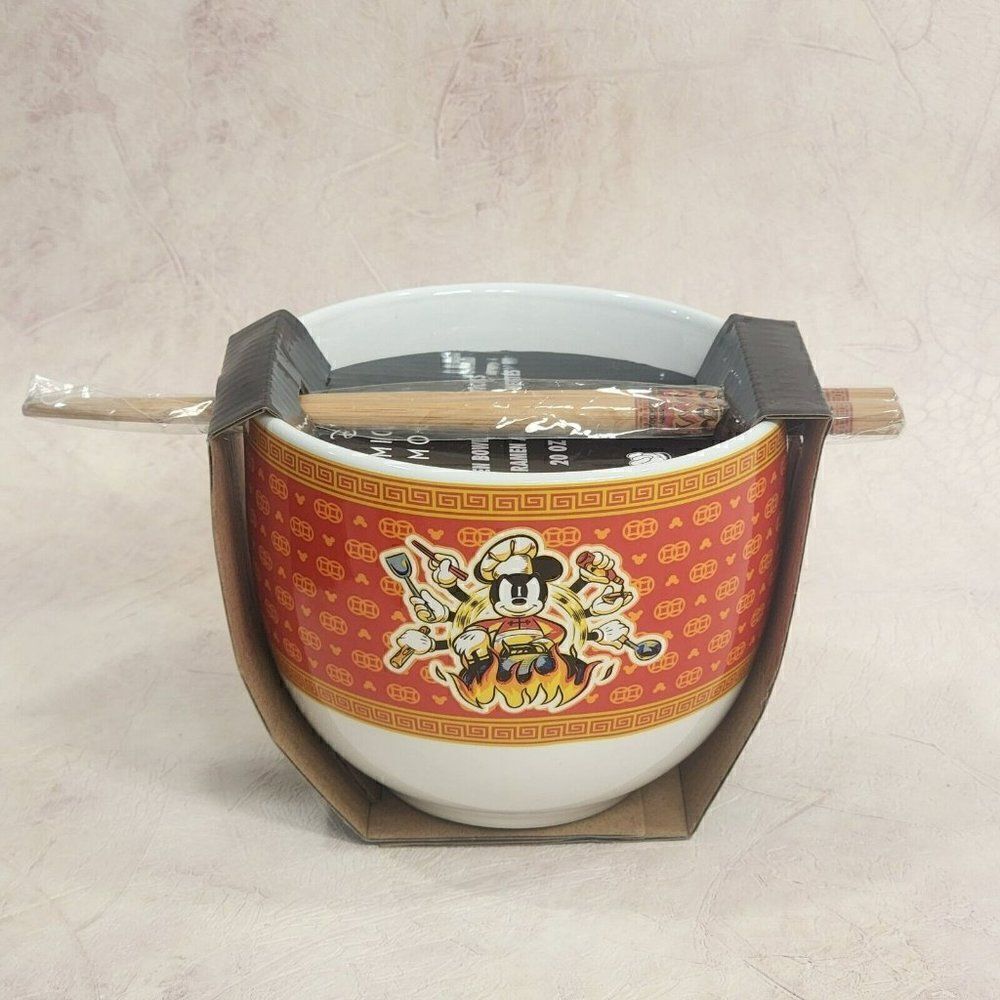 DISNEY Mickey Mouse 20oz Ceramic Ramen Bowl w/ Chopstick Set Wild Wok Chef NEW